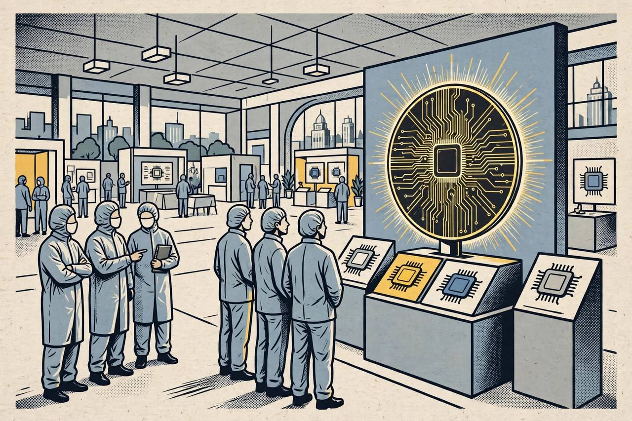 Editorial illustration of visitors in cleanroom-style jackets viewing a large glowing silicon wafer and microchip displays at a semiconductor summit exhibition in Indore
