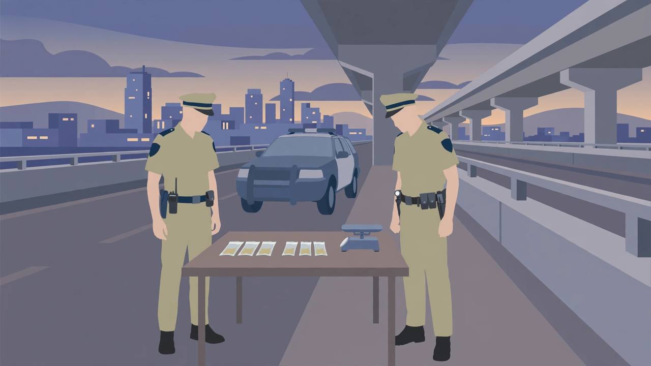 Editorial illustration of police officers with seized evidence packets beside a table on a city expressway corridor