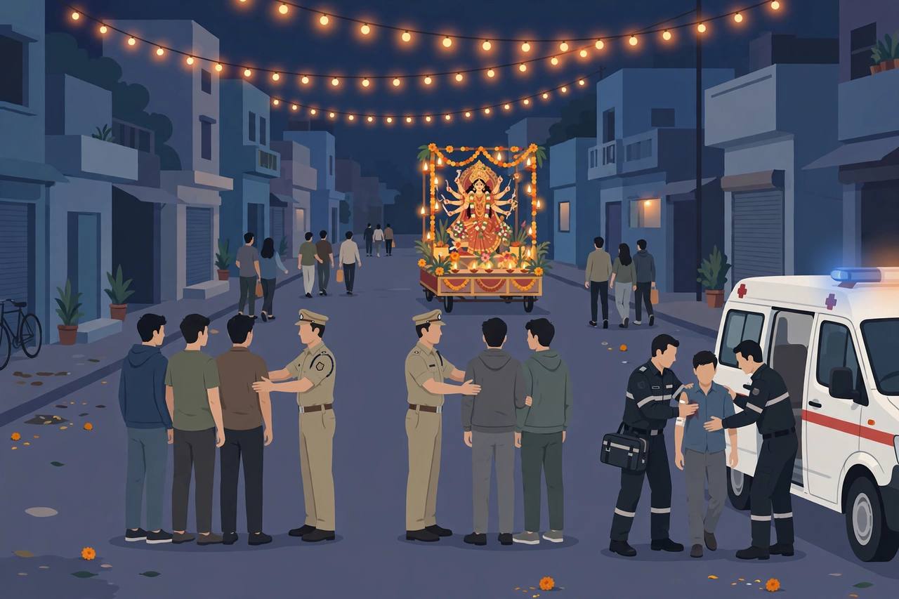 Editorial illustration of a night street in Jabalpur at the end of a Dussehra immersion procession, with police separating two groups and an ambulance nearby