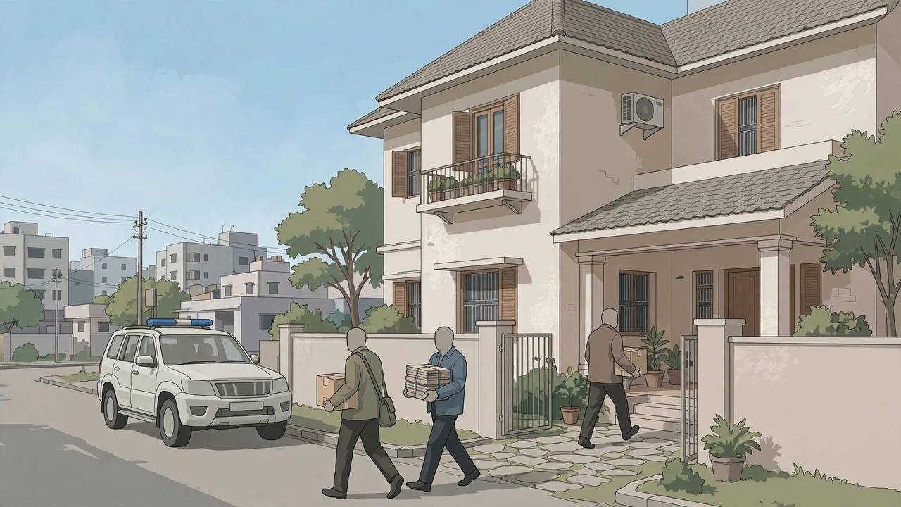 Editorial illustration of anti-corruption officers carrying sealed document boxes out of a residential house in an Indian city