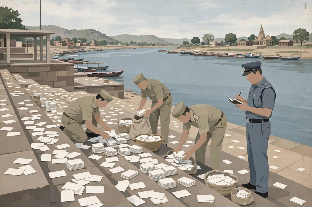 (Editorial illustration) Officials collecting stacks of blank identity cards on the steps of a river ghat