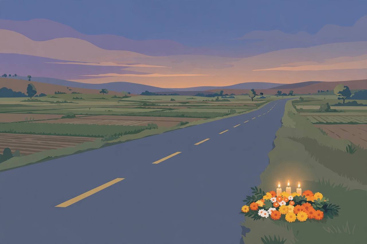 Editorial illustration of an empty highway at dusk with flowers and candles in memory of the children killed in Pithampur