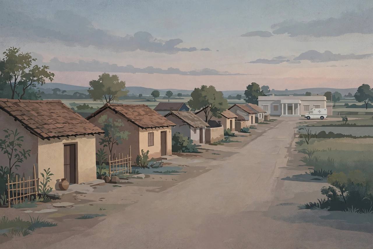 Editorial illustration of a quiet village street in Madhya Pradesh leading to a district hospital with an ambulance outside