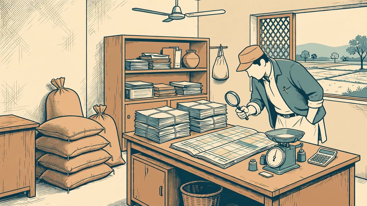 (Editorial illustration) An investigator examining a large ledger and stacks of case files at a cooperative society office in Satna, with sacks of fertiliser stacked beside the desk