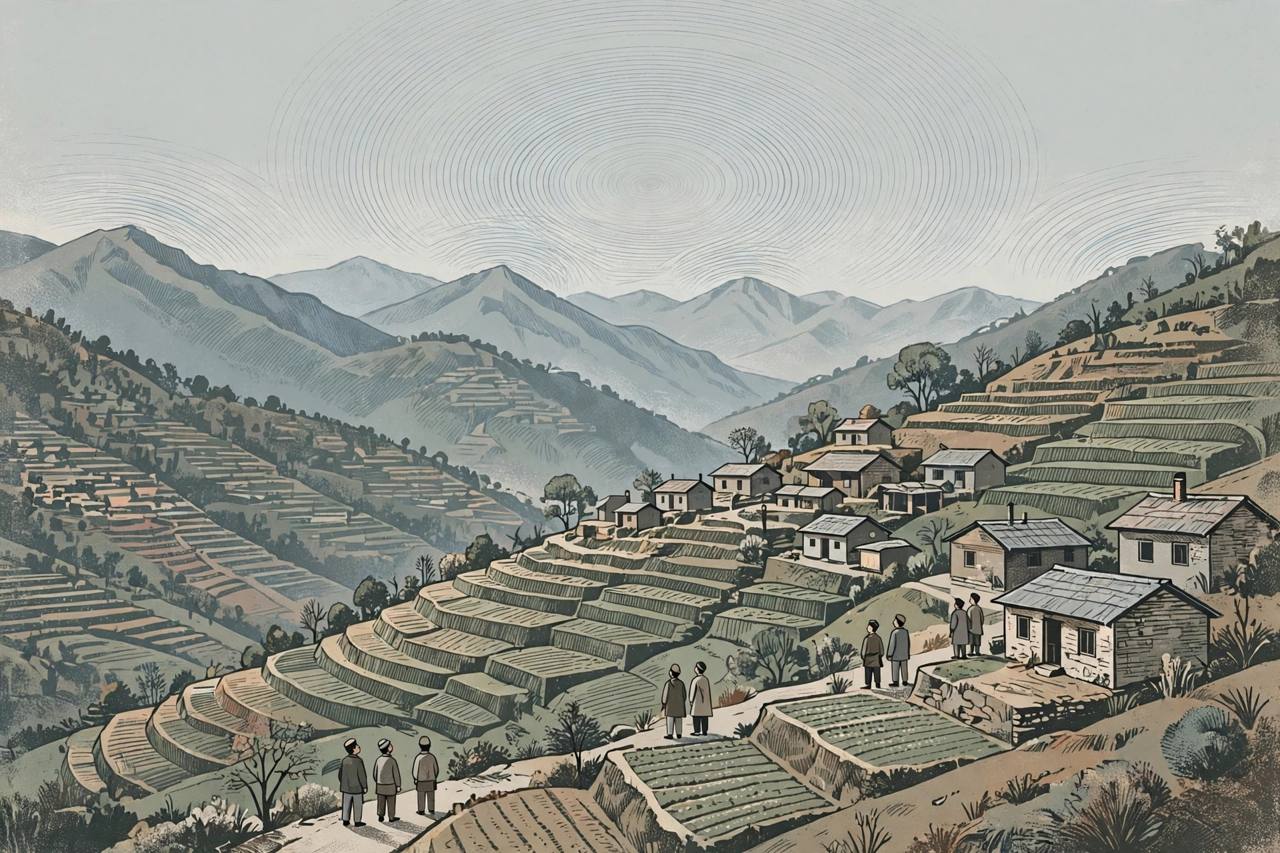 Editorial illustration of a hillside village in Nepal's far-western mountains with seismic wave rings in the sky