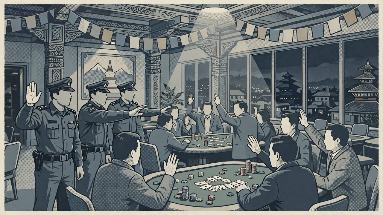 Editorial illustration of a police raid inside a casino gaming hall in Birgunj
