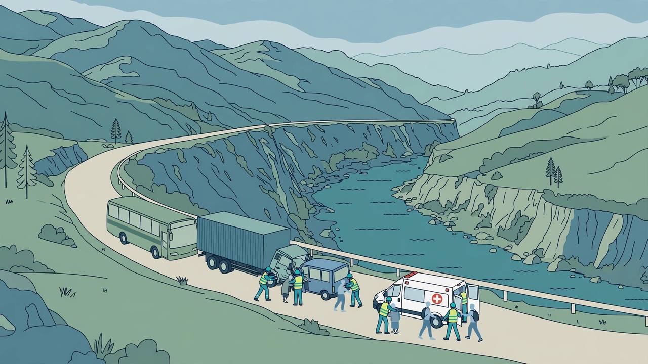 Editorial illustration of a bus, a truck and a microbus halted after a collision on a winding hill highway above a river gorge in Nepal, with rescue workers helping passengers towards an ambulance