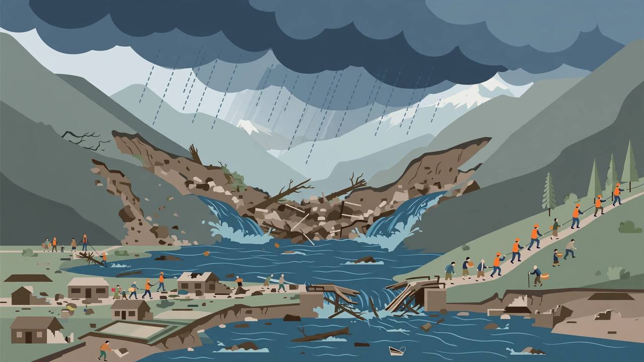 Editorial illustration of a swollen Himalayan river flooding villages in Nepal's Gorkha district