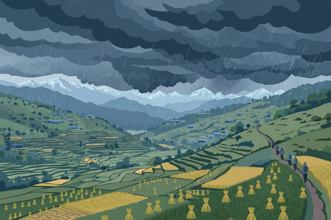 Editorial illustration of storm clouds and heavy rain over terraced paddy fields and Himalayan foothills in Nepal