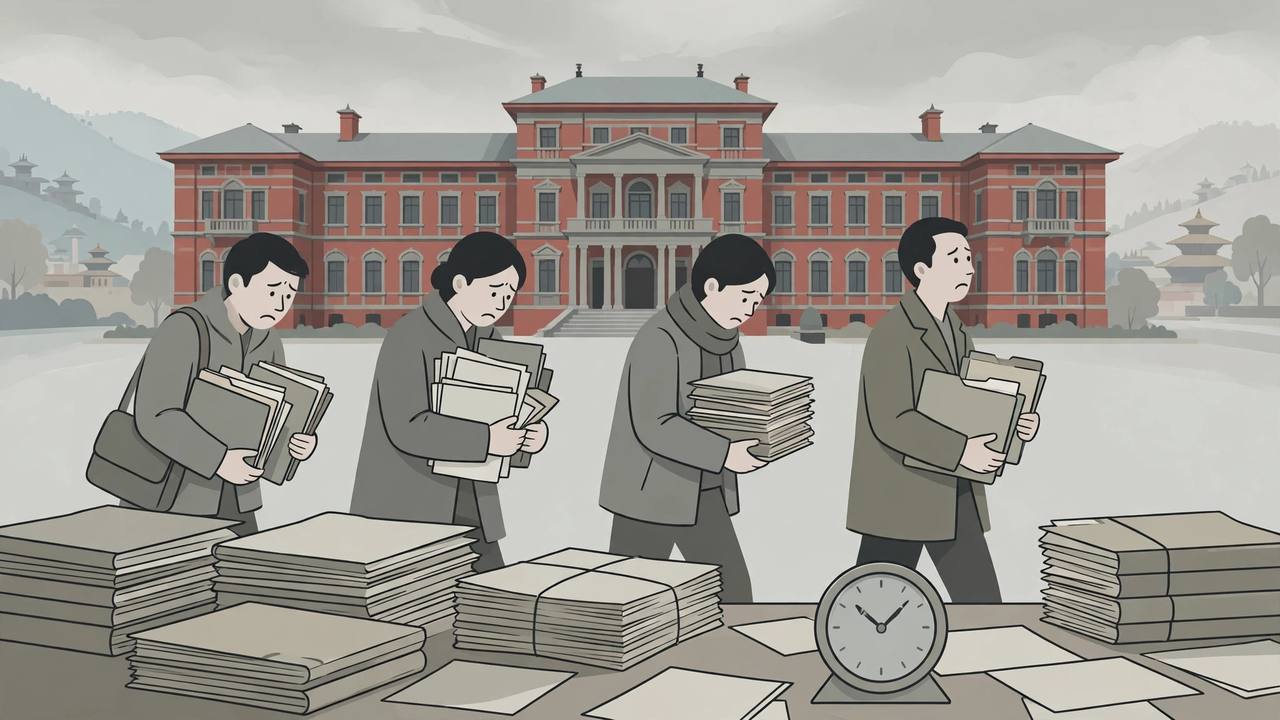 Editorial illustration of worried generic government office workers carrying stacks of files in front of a red-brick secretariat building in Kathmandu