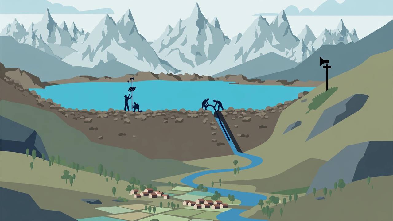 Editorial illustration of a Himalayan glacial lake with a monitoring mast, drainage works and a river flowing to a valley village