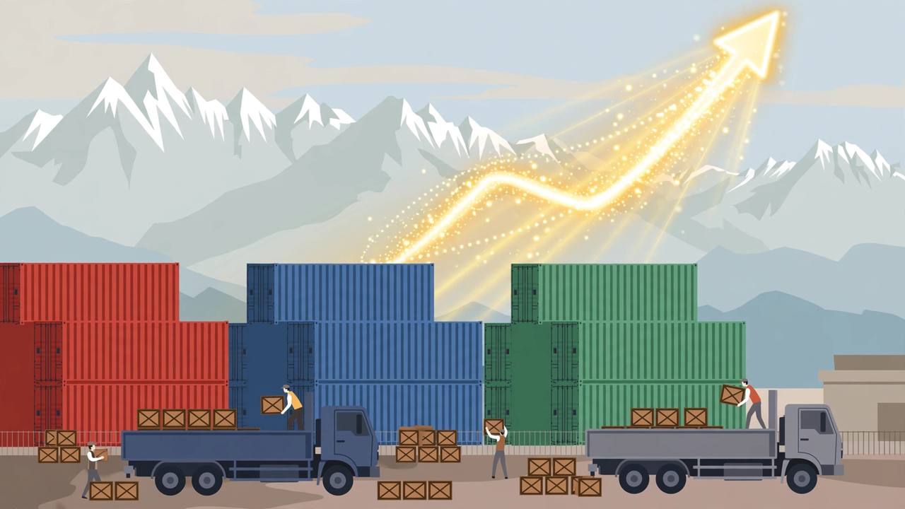 Editorial illustration of shipping containers and cargo trucks at a Nepal dry port with the Himalayas behind and a rising trade arrow