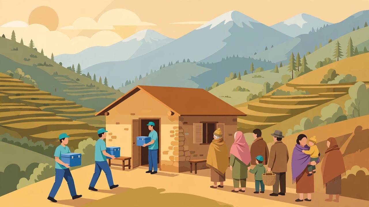 Editorial illustration of health workers carrying blue vaccine cold boxes into a small clinic in the Nepali hills while villagers wait outside