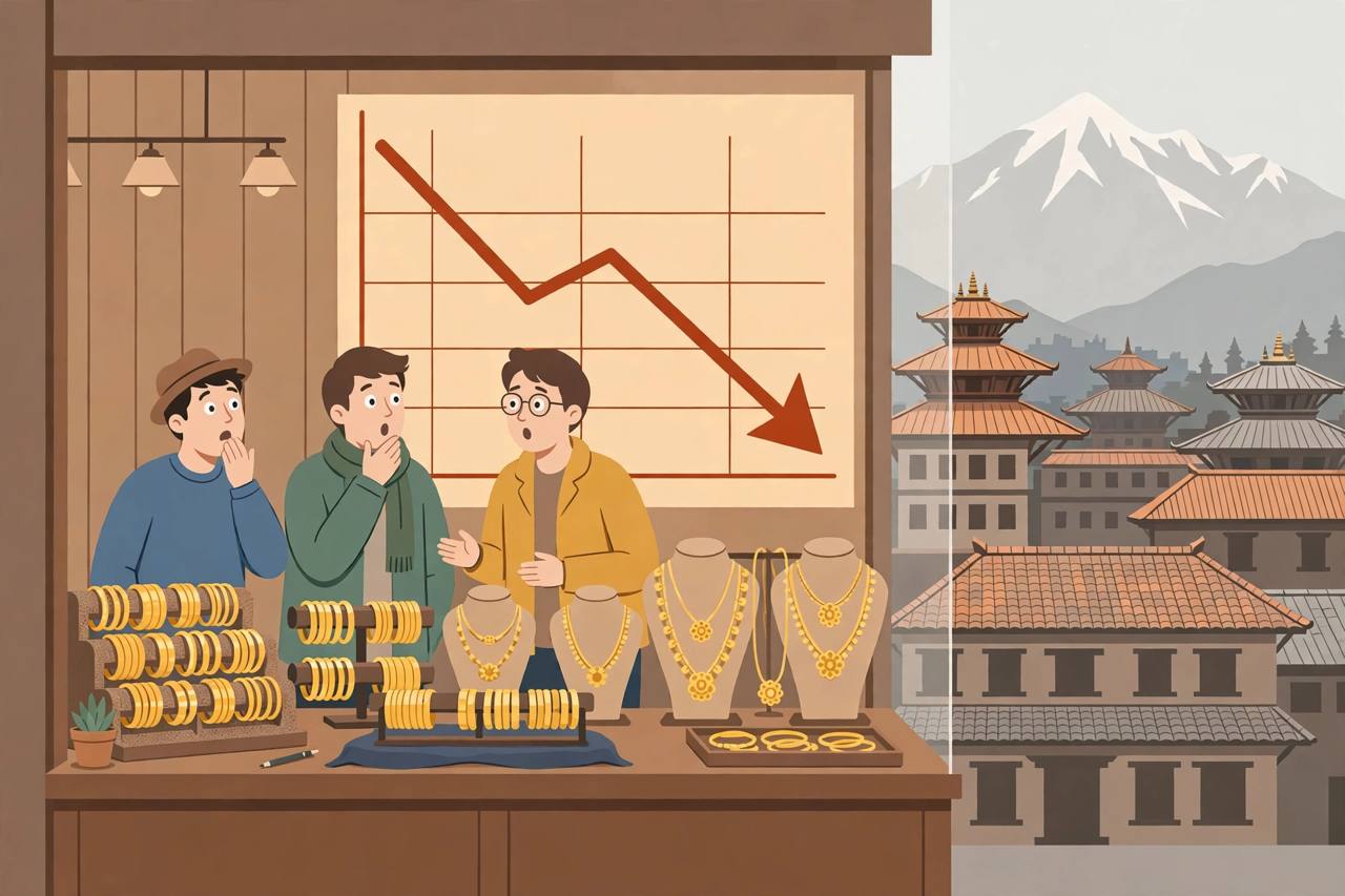 (Editorial illustration) A Kathmandu gold shop window with bangles on display and a downward price chart behind the counter