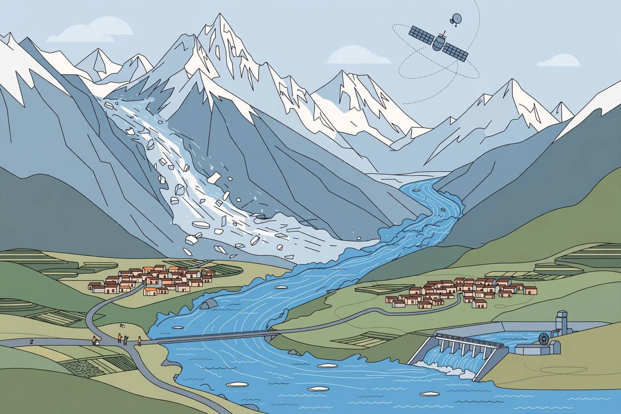 Editorial illustration of Himalayan snow peaks with an avalanche and a glacial river flooding toward mountain villages and a hydropower dam, with a satellite above symbolising space-based disaster monitoring