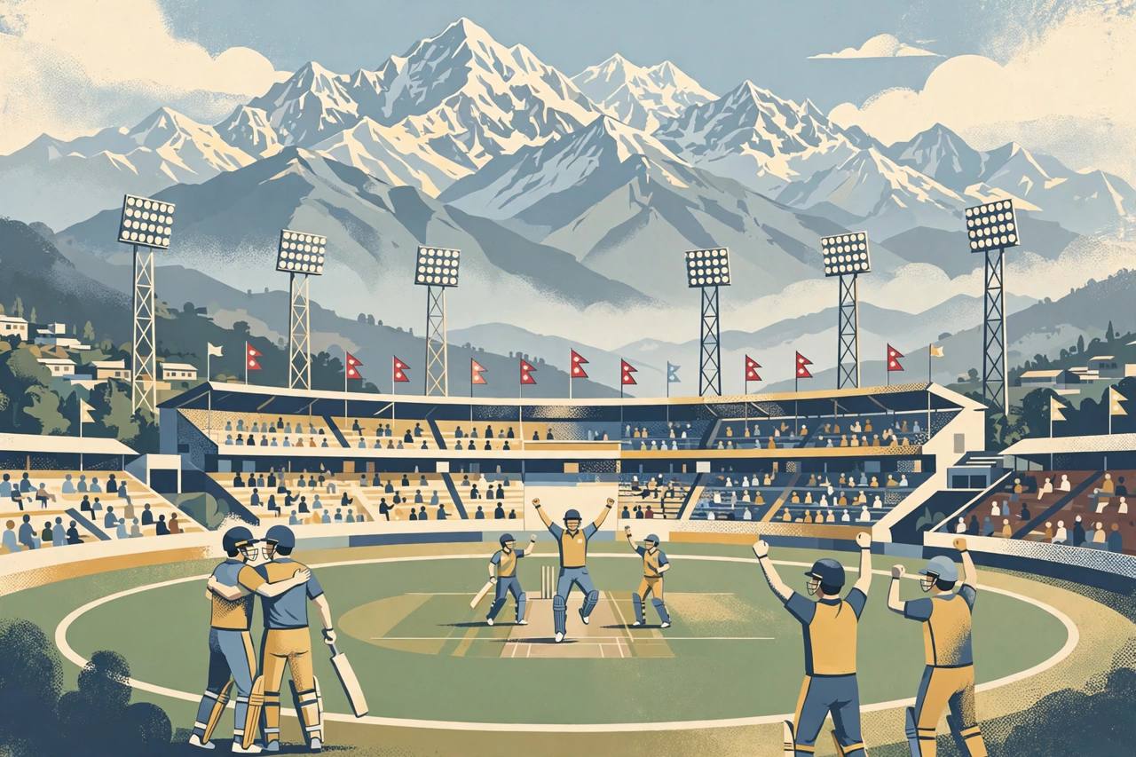 Editorial illustration of a cricket stadium in Kathmandu with the Himalaya mountains in the background and generic players celebrating