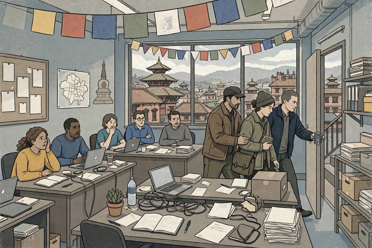 Editorial illustration of plainclothes officers escorting a journalist out of a Kathmandu newsroom while colleagues look on