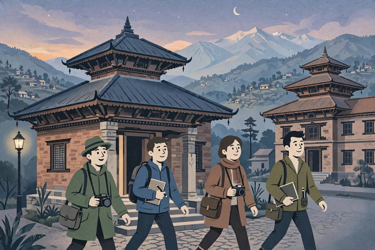 Editorial illustration of journalists walking out of a police cyber bureau building in Kathmandu in the evening