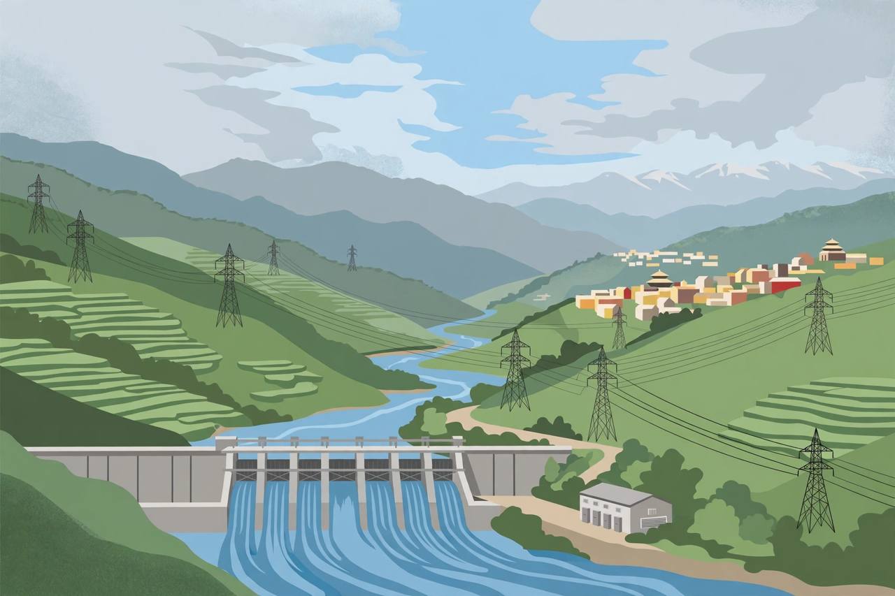 (Editorial illustration) Hydropower dam and transmission lines in a Himalayan river valley in Nepal