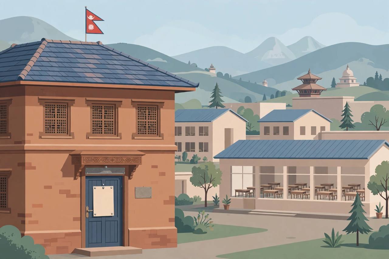 Editorial illustration of a government ministry building in Kathmandu with an official notice on a closed private schools association office door