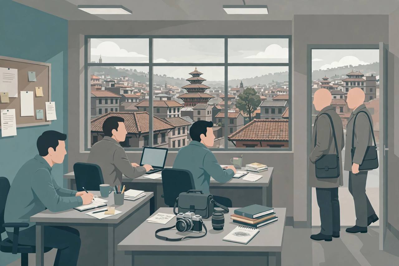 Editorial illustration of a Kathmandu newsroom with generic journalists at desks looking concerned as plainclothes officers enter the doorway