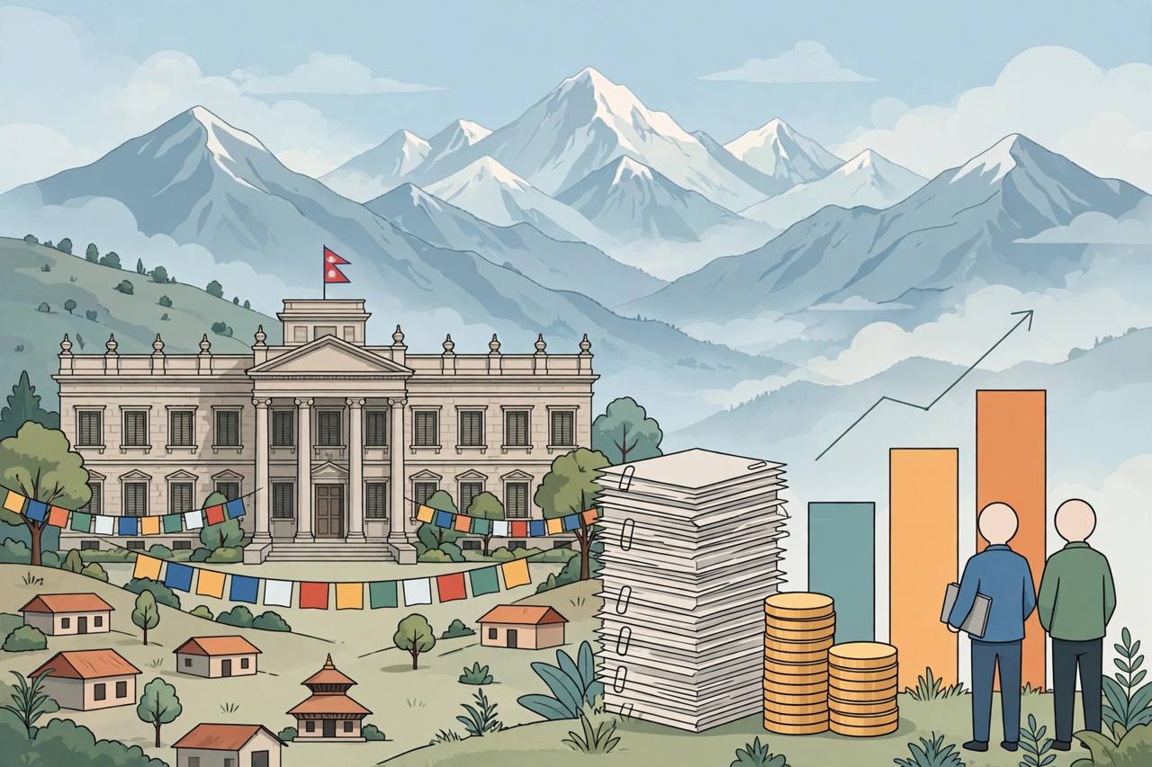 Editorial illustration of a government finance building in Kathmandu with a tall stack of loan documents and coins beside rising debt shapes