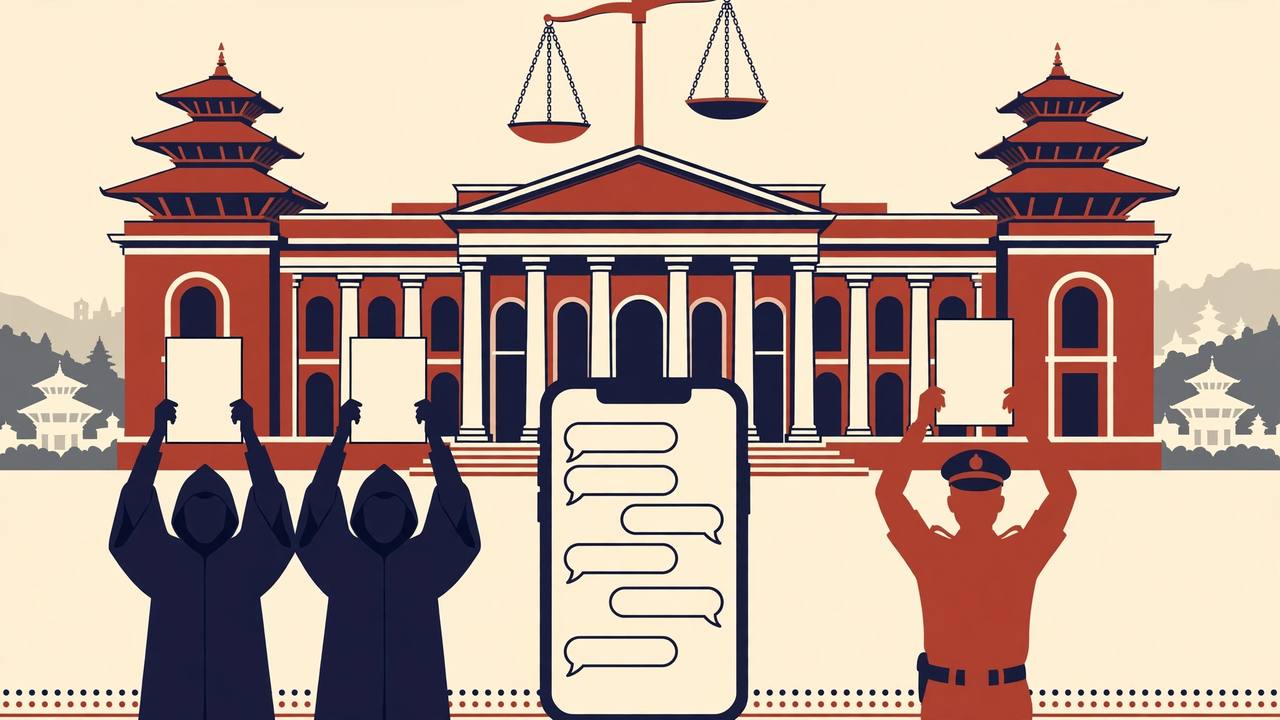 Editorial illustration of a Kathmandu courthouse with pagoda towers and scales of justice, generic robed judges and a police officer holding up blank statement sheets, and a large smartphone with empty chat bubbles in the centre