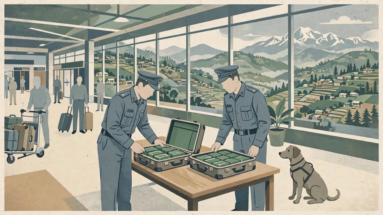 Editorial illustration of narcotics officers inspecting open suitcases with sealed packets at an airport arrivals hall in Kathmandu