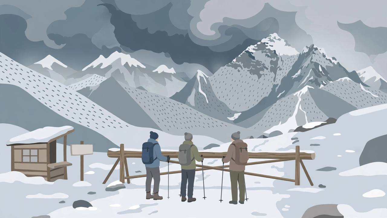 Editorial illustration of trekkers waiting at a closed permit checkpoint on a snowy Himalayan trail beneath avalanche-prone peaks
