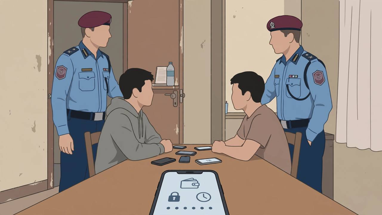 Editorial illustration of Nepal police questioning young men at an apartment with mobile phones and a digital wallet symbol on a table