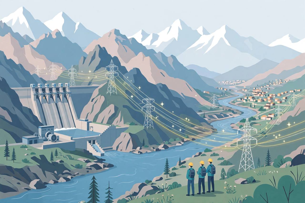 (Editorial illustration) A Himalayan hydropower dam with transmission lines carrying electricity across a river valley