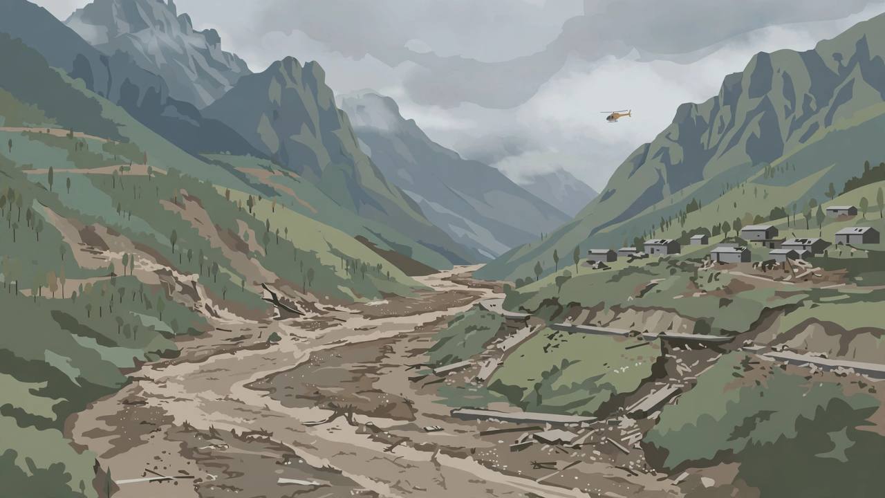 Editorial illustration of a flooded Himalayan river valley in Nepal's Rasuwa district with a rescue helicopter in the distance