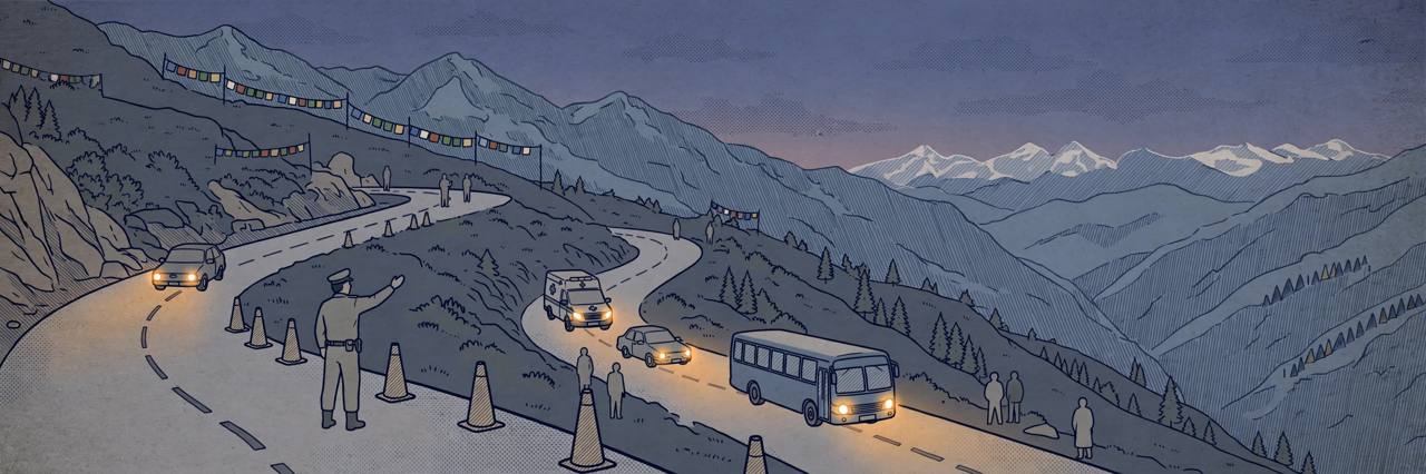 Editorial illustration of vehicles on a winding mountain highway in Nepal at dusk with a police officer directing traffic