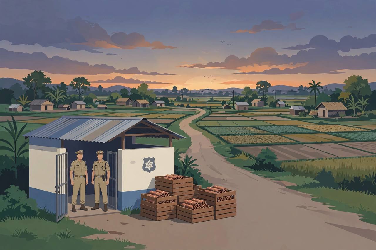 Editorial illustration of a small rural police post near the Nepal-India border in Saptari, with officers on guard and seized crates of firecrackers stacked beside it