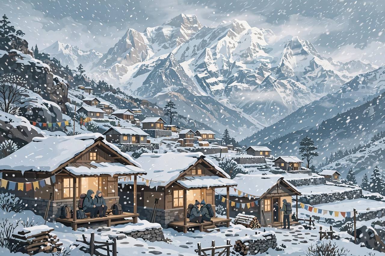 Editorial illustration of trekkers sheltering in mountain lodges in Taplejung, Nepal, with heavy snowfall over the Kanchenjunga trails