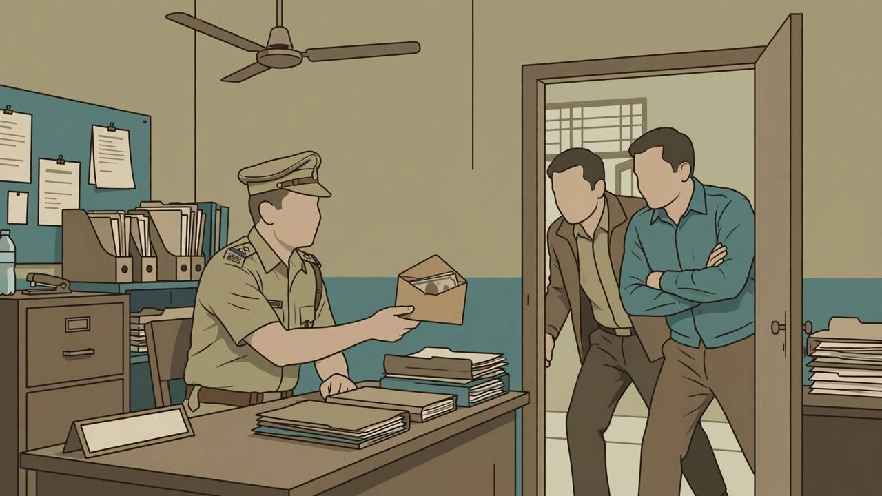 Editorial illustration of a vigilance trap inside a Punjab police station