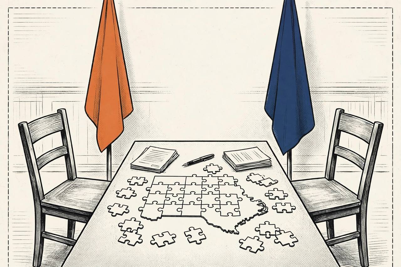 Editorial illustration of two empty chairs and unsigned documents at an alliance negotiation table