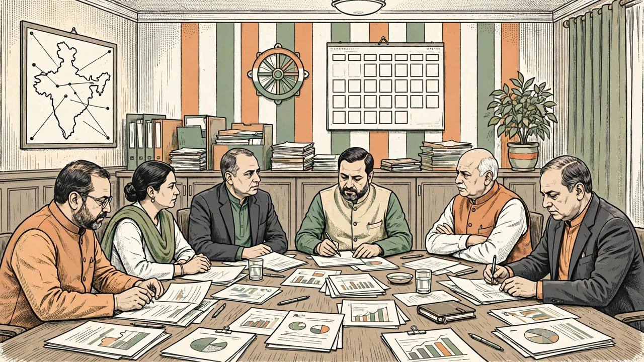 Editorial illustration of political leaders seated around a conference table in a party headquarters meeting room
