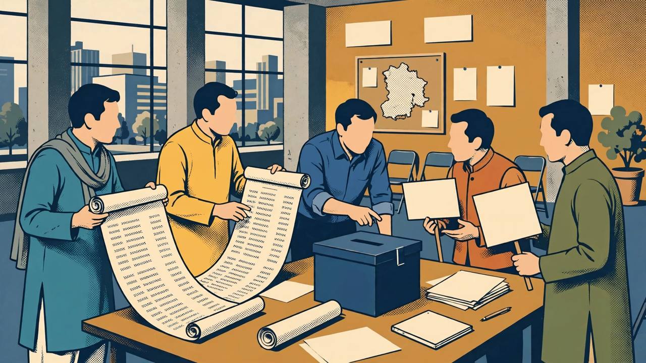 Editorial illustration of party workers in a Chandigarh meeting hall discussing a voter-list protest plan