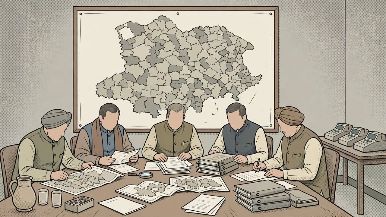 Editorial illustration of election officials reviewing district poll preparedness around a conference table