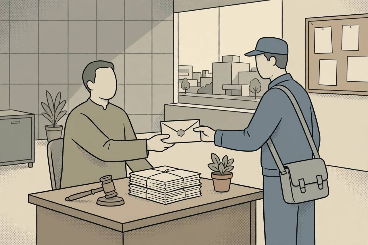 Editorial illustration of a sealed legal notice being handed across an office desk, generic figures only