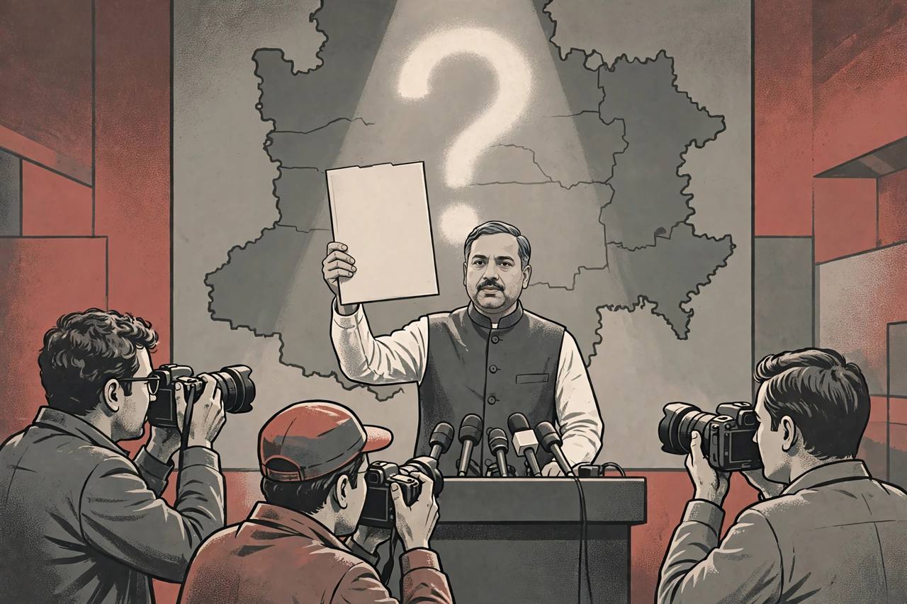 Editorial illustration of a generic politician at a press conference podium holding up a blank folder before journalists and cameras, with a stylised Punjab map and a question mark behind him