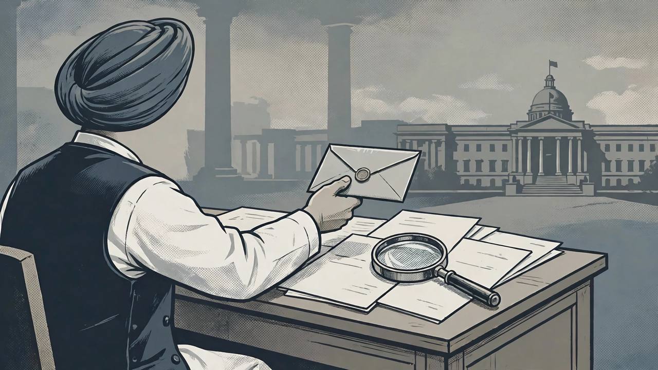 Editorial illustration of a politician handing a sealed letter demanding an investigation