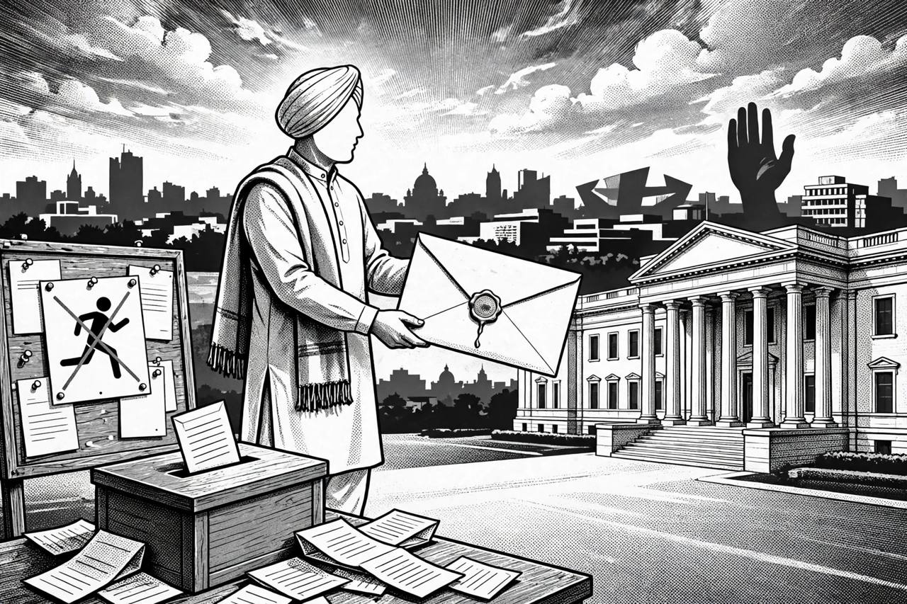 Editorial illustration of a generic Punjabi politician handing a sealed letter toward a government building, with a ballot box and a crossed-out marathon poster