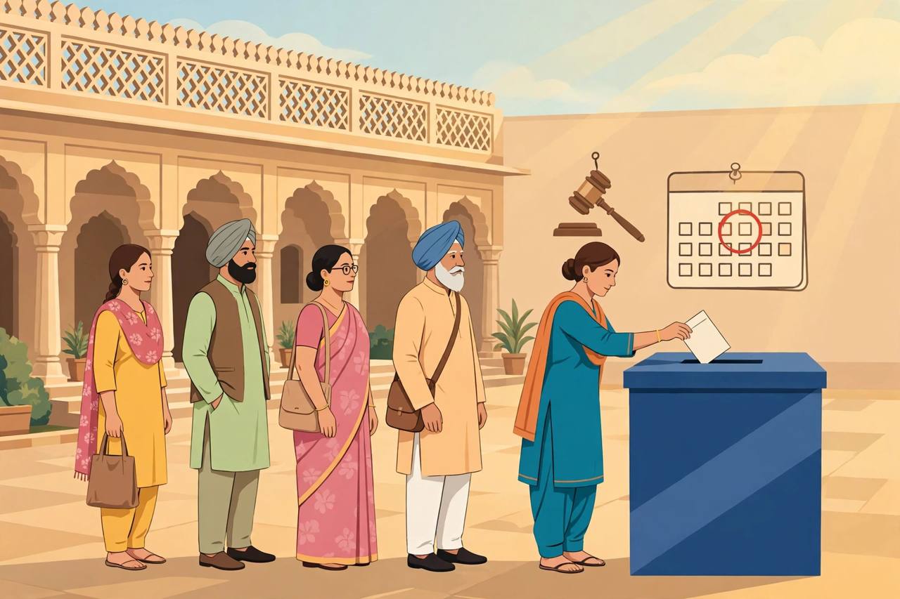 Editorial illustration of voters queuing to cast ballots in a court-ordered municipal re-election in Patiala, Punjab