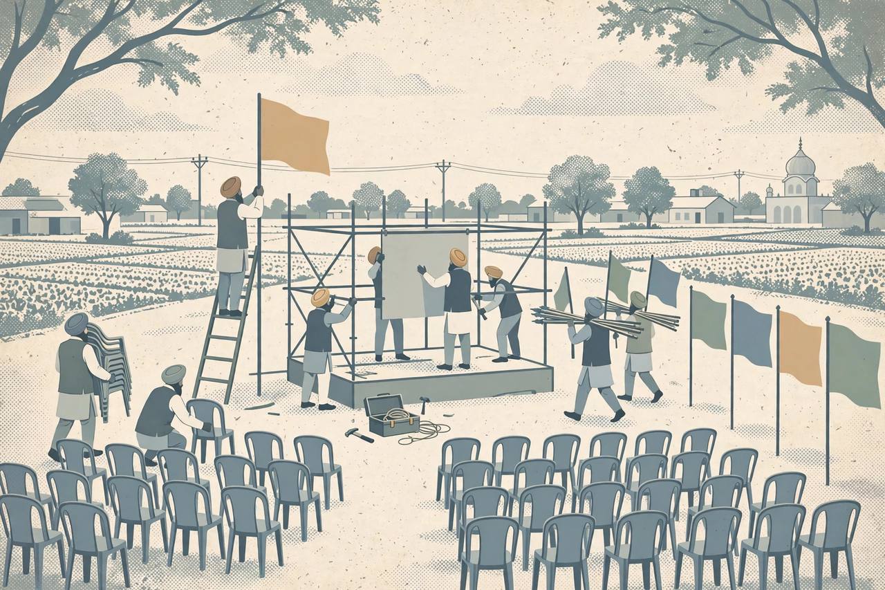 Editorial illustration of party workers preparing a rally stage and seating in Punjab