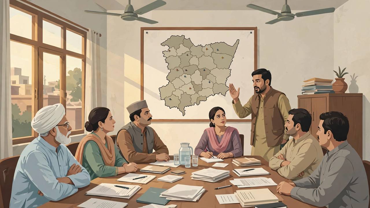 Editorial illustration of a political party organisational review meeting around a table, with a Punjab district map on the wall