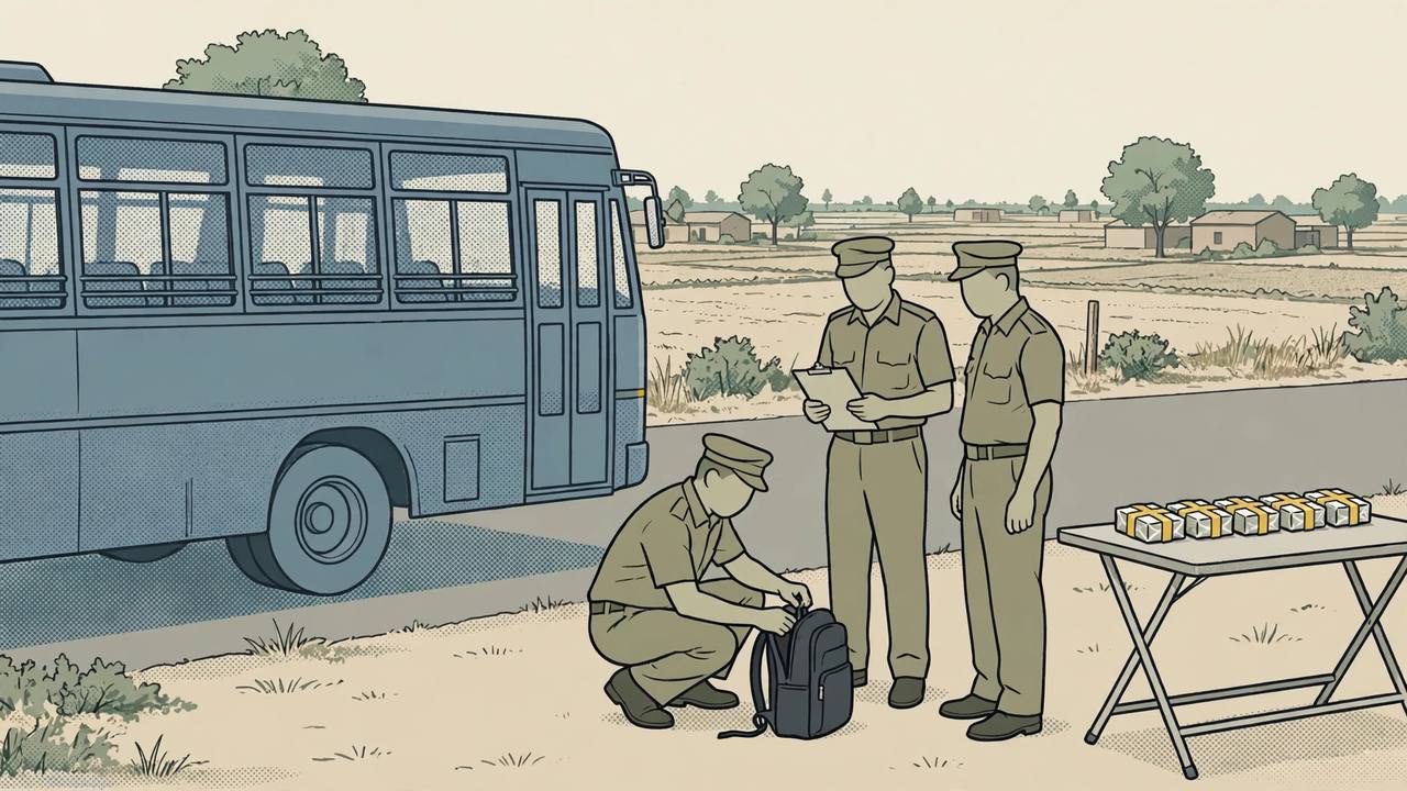 Editorial illustration of DRI officers searching a public transport bus at Phagwara, with an opened backpack and packets wrapped in yellow tape laid out on a table