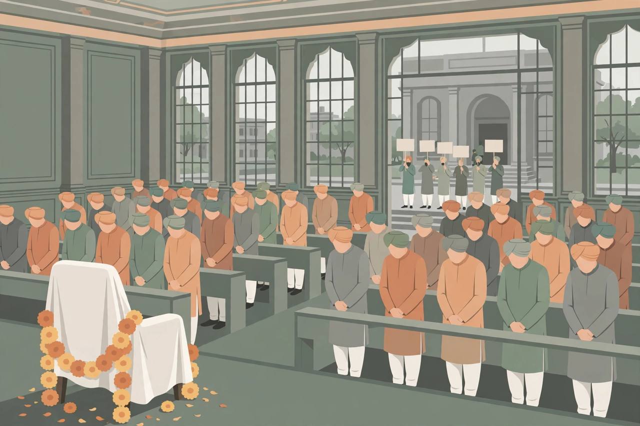 Editorial illustration of Punjab Assembly members standing in tribute, with protesters outside
