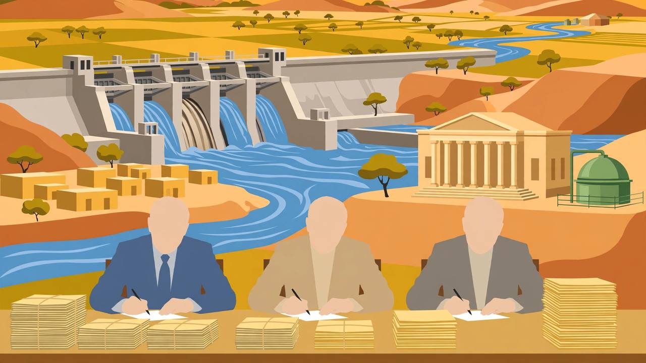 Editorial illustration of a hydroelectric dam, a cabinet table with documents, a courthouse and a biogas plant in Punjab